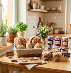 A bright clean home kitchen counter with fresh baked bread jars of jam and package 756456